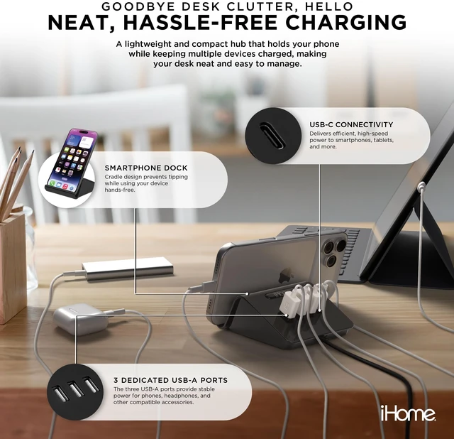 Alt view image 2 of 4 - iHome 4 Port USB Charging Hub, 3 USB-A, 1 USB-C, Smartphone Dock, 6ft Power Cord, Lightweight & Portable