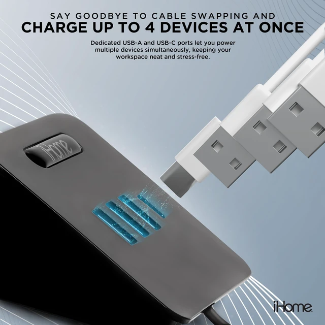 Alt view image 3 of 4 - iHome 4 Port USB Charging Hub, 3 USB-A, 1 USB-C, Smartphone Dock, 6ft Power Cord, Lightweight & Portable