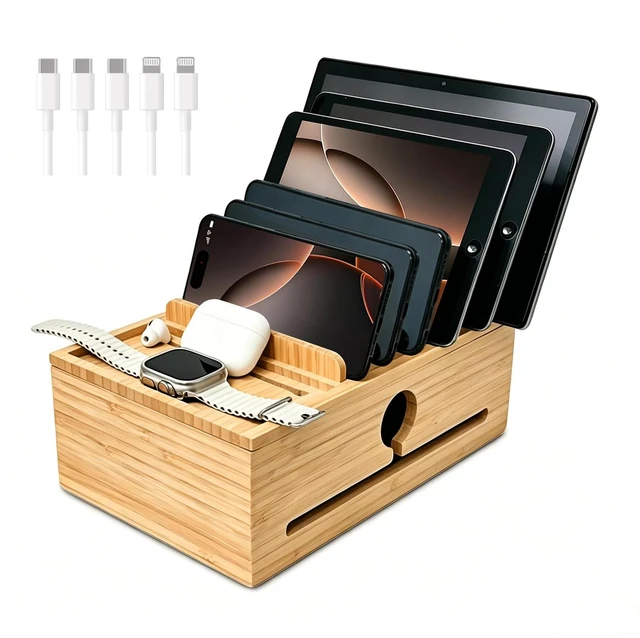 Main image of PERFECYEE Bamboo Charging Organizer, Include 5 Cables, No Power Adapter | Cable Management Charging Station Dock Suitable for Mobile Phones, Tablets, Smart Watch and Earbuds