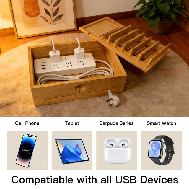 Alt view image 4 of 14 - PERFECYEE Bamboo Charging Organizer, Include 5 Cables, No Power Adapter | Cable Management Charging Station Dock Suitable for Mobile Phones, Tablets, Smart Watch and Earbuds