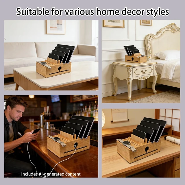 Alt view image 5 of 14 - PERFECYEE Bamboo Charging Organizer, Include 5 Cables, No Power Adapter | Cable Management Charging Station Dock Suitable for Mobile Phones, Tablets, Smart Watch and Earbuds