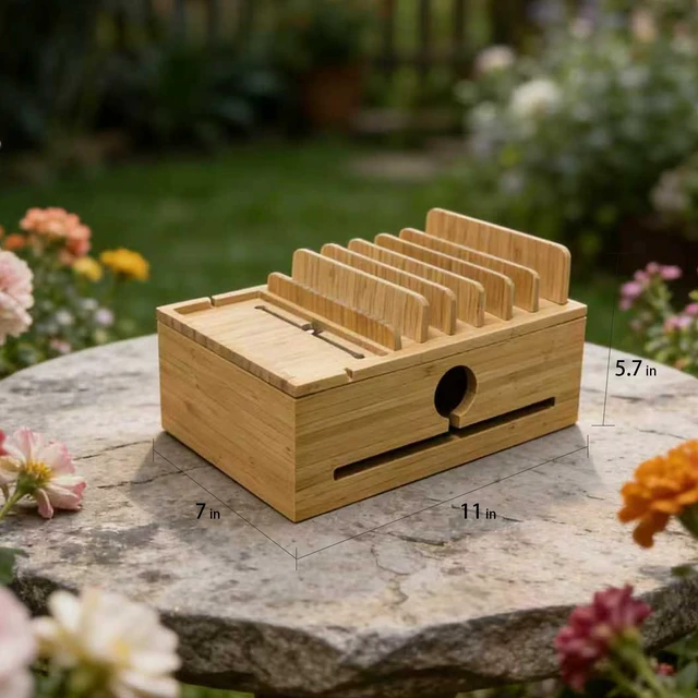 Alt view image 7 of 14 - PERFECYEE Bamboo Charging Organizer, Include 5 Cables, No Power Adapter | Cable Management Charging Station Dock Suitable for Mobile Phones, Tablets, Smart Watch and Earbuds
