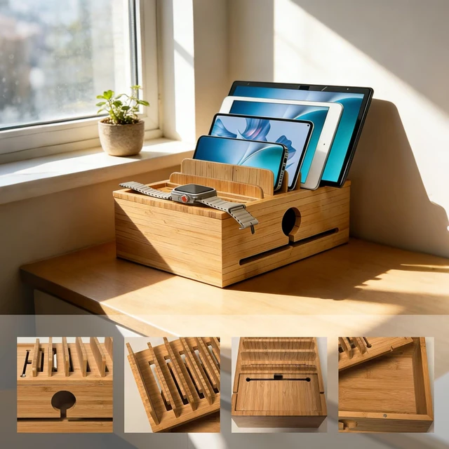 Alt view image 6 of 14 - PERFECYEE Bamboo Charging Organizer, Include 5 Cables, No Power Adapter | Cable Management Charging Station Dock Suitable for Mobile Phones, Tablets, Smart Watch and Earbuds