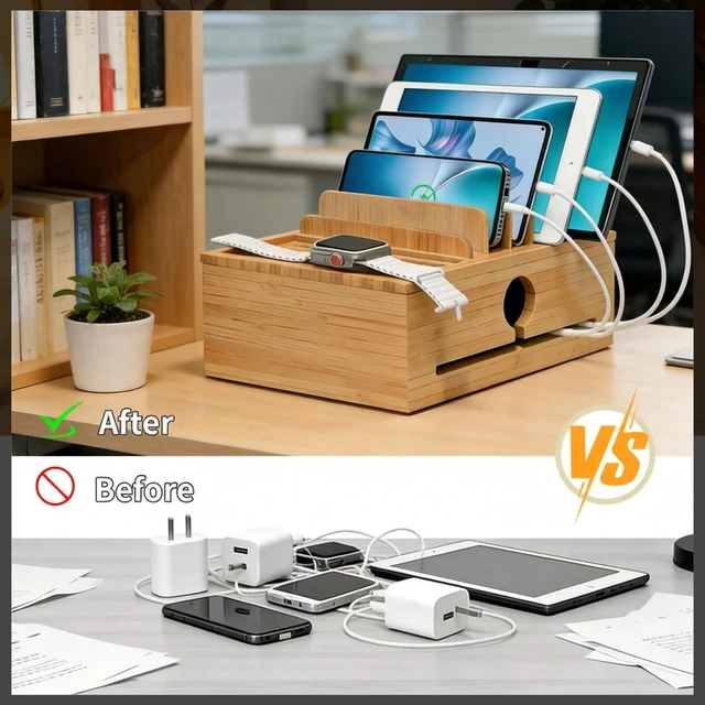 Alt view image 3 of 14 - PERFECYEE Bamboo Charging Organizer, Include 5 Cables, No Power Adapter | Cable Management Charging Station Dock Suitable for Mobile Phones, Tablets, Smart Watch and Earbuds