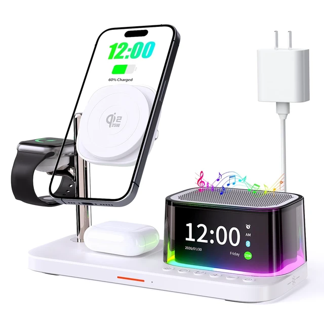 Alt view image 8 of 14 - 7-in-1 Wireless Charging Station for Multiple Devices for Apple,Qi2.2 25W Magnetic Charger with Bluetooth Speaker & Colorful Night Light, for iPhone 17/16/15/14/13 Pro Max,Airpods,Apple&Samsung Watch