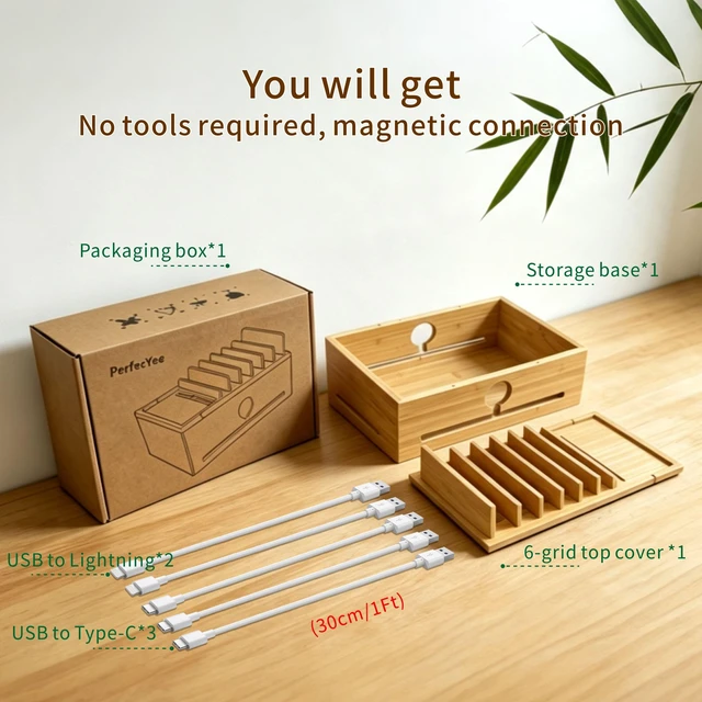 Alt view image 2 of 14 - PERFECYEE Bamboo Charging Organizer, Include 5 Cables, No Power Adapter | Cable Management Charging Station Dock Suitable for Mobile Phones, Tablets, Smart Watch and Earbuds