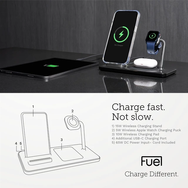 Alt view image 9 of 12 - FUEL 4in1 Fast Wireless Charging Station for Multiple Devices -Portable iPhone Charger w/ Adapter -3 Charging Pads 1 USB-C Port for iPhone 17 Pro Max/16/15 Apple Watch 11/10(Charger Included) AirPods
