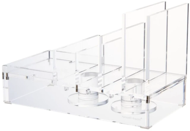 Main image of russell+hazel Acrylic Charging Station & Tech Collator, Clear | Charges and organizes phone, tablet & earbuds in one spot. A clear acrylic tech collator that tidies cords on any desk.