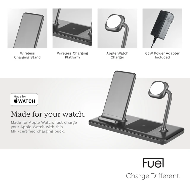 Alt view image 11 of 12 - FUEL 4in1 Fast Wireless Charging Station for Multiple Devices -Portable iPhone Charger w/ Adapter -3 Charging Pads 1 USB-C Port for iPhone 17 Pro Max/16/15 Apple Watch 11/10(Charger Included) AirPods