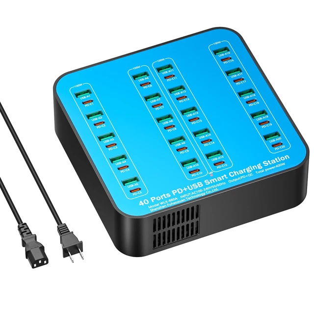 Alt view image 8 of 14 - 400W USB C Charger Station, 40 Ports (20 USBA+20 USBC) Desktop USB C Charger, Suitable for Multi-Device Fast Charging Station, Compatible with iPhone 16/15/14/13/12/Galaxy S23/S22/Tablet