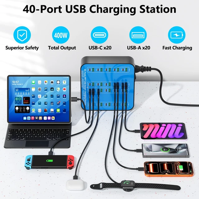 Alt view image 9 of 14 - 400W USB C Charger Station, 40 Ports (20 USBA+20 USBC) Desktop USB C Charger, Suitable for Multi-Device Fast Charging Station, Compatible with iPhone 16/15/14/13/12/Galaxy S23/S22/Tablet