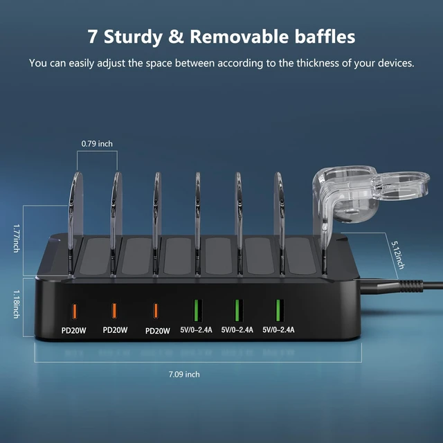 Alt view image 4 of 14 - USB Charging Station 96W 6 Ports Multi Device Desktop Charger Station with 3 USB C PD20W Fast Charger with Watch Stand for lphone/Tablets/Smartphones (Included 6 Cables)