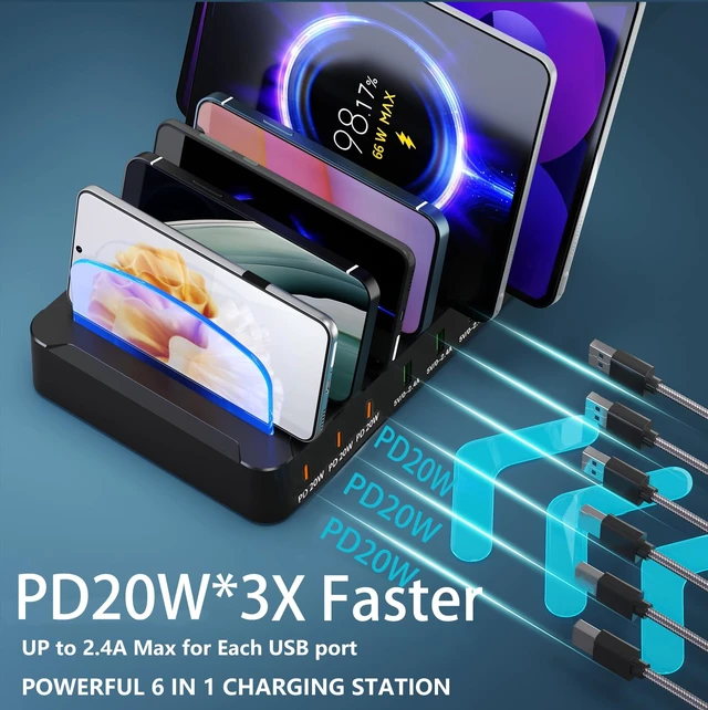 Alt view image 3 of 14 - USB Charging Station 96W 6 Ports Multi Device Desktop Charger Station with 3 USB C PD20W Fast Charger with Watch Stand for lphone/Tablets/Smartphones (Included 6 Cables)