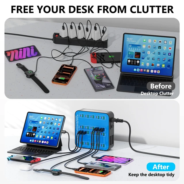 Alt view image 14 of 14 - 400W USB C Charger Station, 40 Ports (20 USBA+20 USBC) Desktop USB C Charger, Suitable for Multi-Device Fast Charging Station, Compatible with iPhone 16/15/14/13/12/Galaxy S23/S22/Tablet