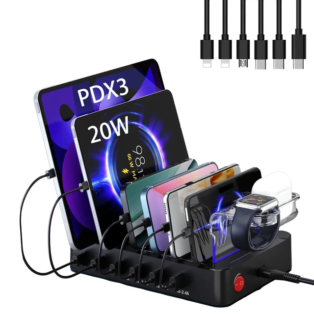 Alt view image 5 of 14 - USB Charging Station 96W 6 Ports Multi Device Desktop Charger Station with 3 USB C PD20W Fast Charger with Watch Stand for lphone/Tablets/Smartphones (Included 6 Cables)
