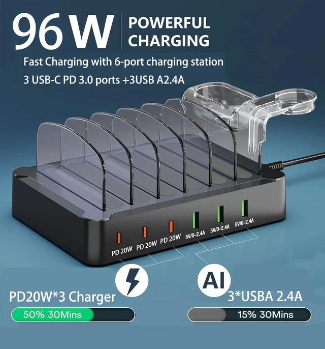 Alt view image 2 of 14 - USB Charging Station 96W 6 Ports Multi Device Desktop Charger Station with 3 USB C PD20W Fast Charger with Watch Stand for lphone/Tablets/Smartphones (Included 6 Cables)