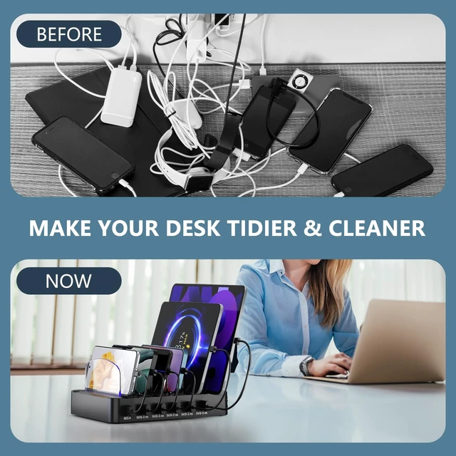 Alt view image 6 of 14 - USB Charging Station 96W 6 Ports Multi Device Desktop Charger Station with 3 USB C PD20W Fast Charger with Watch Stand for lphone/Tablets/Smartphones (Included 6 Cables)