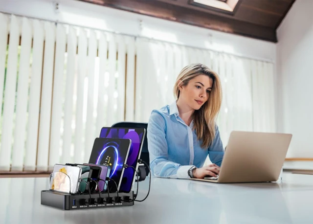 Alt view image 7 of 14 - USB Charging Station 96W 6 Ports Multi Device Desktop Charger Station with 3 USB C PD20W Fast Charger with Watch Stand for lphone/Tablets/Smartphones (Included 6 Cables)