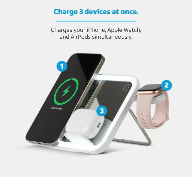 Alt view image 2 of 6 - AT&T 3 in 1 Content Creator Light Mirror Magnetic Phone Charger Stand White|LED rectangle mirror, magnetic holder, wireless charging,multi device station, selfie, makeup and social media content setup