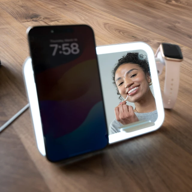 Alt view image 4 of 6 - AT&T 3 in 1 Content Creator Light Mirror Magnetic Phone Charger Stand White|LED rectangle mirror, magnetic holder, wireless charging,multi device station, selfie, makeup and social media content setup