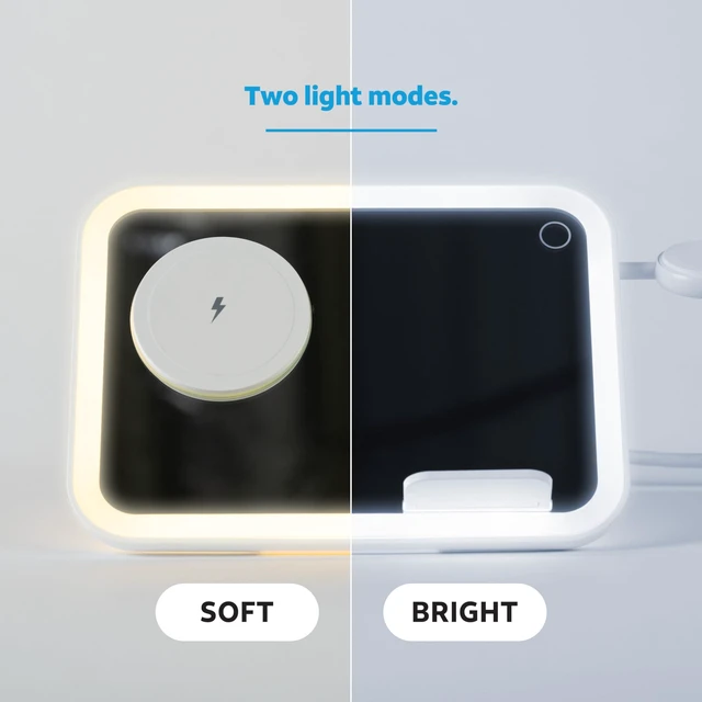 Alt view image 5 of 6 - AT&T 3 in 1 Content Creator Light Mirror Magnetic Phone Charger Stand White|LED rectangle mirror, magnetic holder, wireless charging,multi device station, selfie, makeup and social media content setup