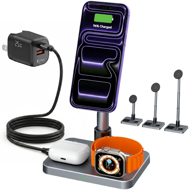 Alt view image 3 of 9 - Telescopic 3-in-1 i Watch Charger Stand with i Phone Charger Fast Charging, Wireless Charging Station, and Wireless Charger for iOS Devices