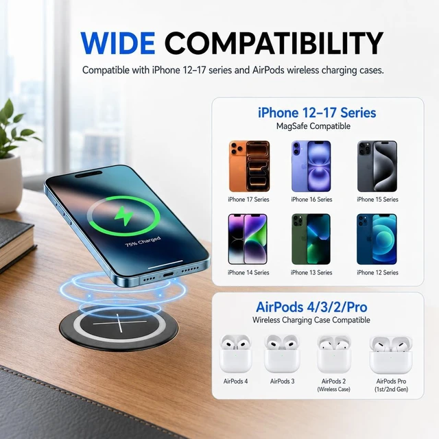 Alt view image 9 of 14 - Magnetic Wireless Charging Station for Furniture, Desk Wireless Charger Fast Wireless Charger Pad, 15W Flush Mount Charging Dock for iPhone 17/16/15/14/13/12 Series, AirPods Pro/Pro 4/3/2 (Black)