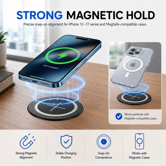 Alt view image 14 of 14 - Magnetic Wireless Charging Station for Furniture, Desk Wireless Charger Fast Wireless Charger Pad, 15W Flush Mount Charging Dock for iPhone 17/16/15/14/13/12 Series, AirPods Pro/Pro 4/3/2 (Black)