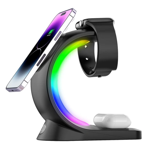 Alt view image 8 of 14 - New 2026 3 in 1 Wireless Fast Charger Magnetic Station for iPhone 15/14/13/12 Series (Pro, Max), for iWatch 2 to 9 and Airpods (Black) with Atmosphere Night Light