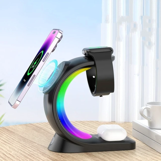 Alt view image 12 of 14 - New 2026 3 in 1 Wireless Fast Charger Magnetic Station for iPhone 15/14/13/12 Series (Pro, Max), for iWatch 2 to 9 and Airpods (Black) with Atmosphere Night Light