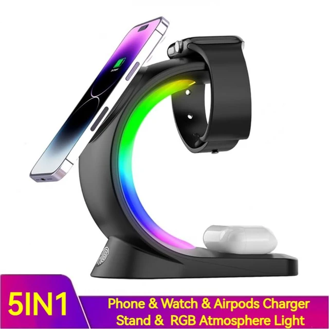 Alt view image 11 of 14 - New 2026 3 in 1 Wireless Fast Charger Magnetic Station for iPhone 15/14/13/12 Series (Pro, Max), for iWatch 2 to 9 and Airpods (Black) with Atmosphere Night Light