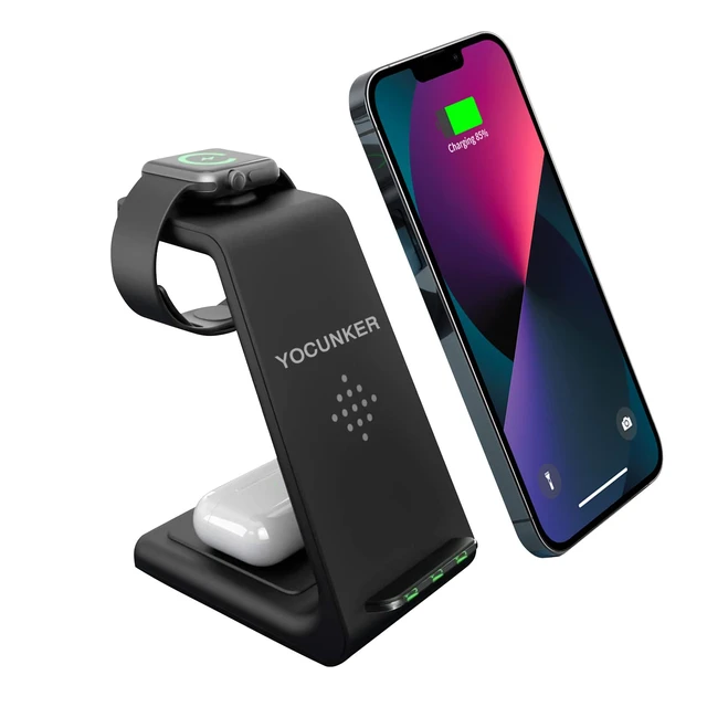 Alt view image 8 of 14 - Wireless Charger iPhone,YOCUNKER 3 in 1 Qi Fast Wireless Charging Station Stand Dock for Multiple Devices Apple Watch Series 7/SE/6/5/4/3/2, Airpods 3/Pro/2,iPhone 14/13/12/11 Pro Max/X/XR (Black)