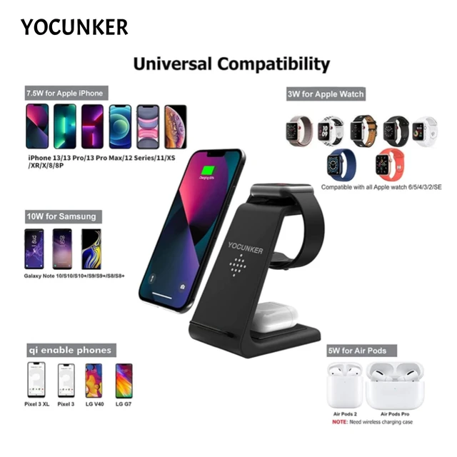 Alt view image 9 of 14 - Wireless Charger iPhone,YOCUNKER 3 in 1 Qi Fast Wireless Charging Station Stand Dock for Multiple Devices Apple Watch Series 7/SE/6/5/4/3/2, Airpods 3/Pro/2,iPhone 14/13/12/11 Pro Max/X/XR (Black)