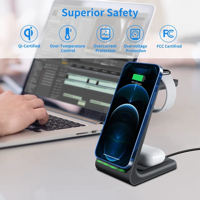 Alt view image 14 of 14 - Wireless Charger iPhone,YOCUNKER 3 in 1 Qi Fast Wireless Charging Station Stand Dock for Multiple Devices Apple Watch Series 7/SE/6/5/4/3/2, Airpods 3/Pro/2,iPhone 14/13/12/11 Pro Max/X/XR (Black)