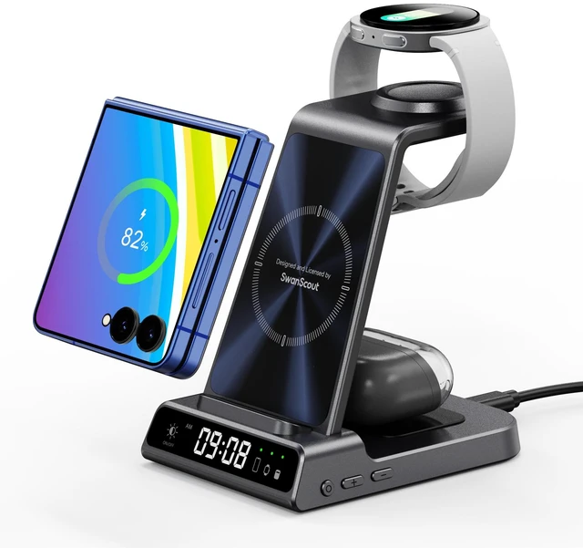 Alt view image 8 of 14 - SwanScout Charger Stand for Samsung Galaxy Z Flip 8/7/7 FE/6/5/4/3 | (Not for Galaxy Watch 9/Ultra 2) Charger for Galaxy Watch 8/8 Classic/Ultra/7/6/6 Classic/5/4, Galaxy Buds 4 Pro, No Adapter