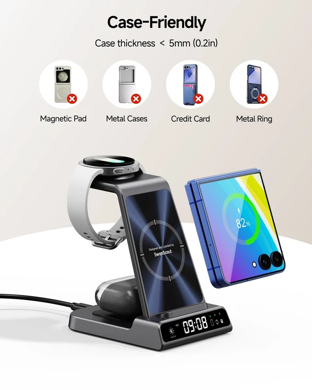 Alt view image 12 of 14 - SwanScout Charger Stand for Samsung Galaxy Z Flip 8/7/7 FE/6/5/4/3 | (Not for Galaxy Watch 9/Ultra 2) Charger for Galaxy Watch 8/8 Classic/Ultra/7/6/6 Classic/5/4, Galaxy Buds 4 Pro, No Adapter