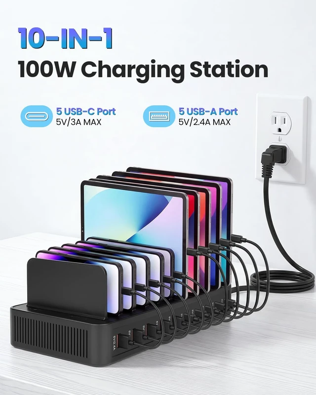 Alt view image 9 of 14 - Charging Station for Multiple Devices, 100W 10 Port USB C Charging Station, Fast USB C Charger with 5 USB-C & 5 USB-A Ports, Detachable Baffles Multi Charger Station for Phone Tablet iPad