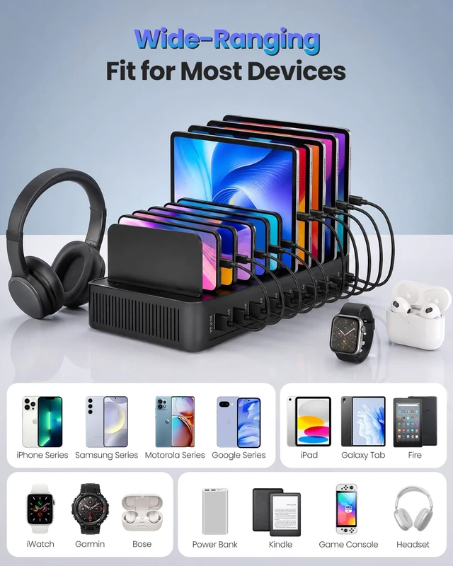 Alt view image 11 of 14 - Charging Station for Multiple Devices, 100W 10 Port USB C Charging Station, Fast USB C Charger with 5 USB-C & 5 USB-A Ports, Detachable Baffles Multi Charger Station for Phone Tablet iPad