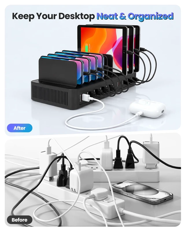 Alt view image 12 of 14 - Charging Station for Multiple Devices, 100W 10 Port USB C Charging Station, Fast USB C Charger with 5 USB-C & 5 USB-A Ports, Detachable Baffles Multi Charger Station for Phone Tablet iPad