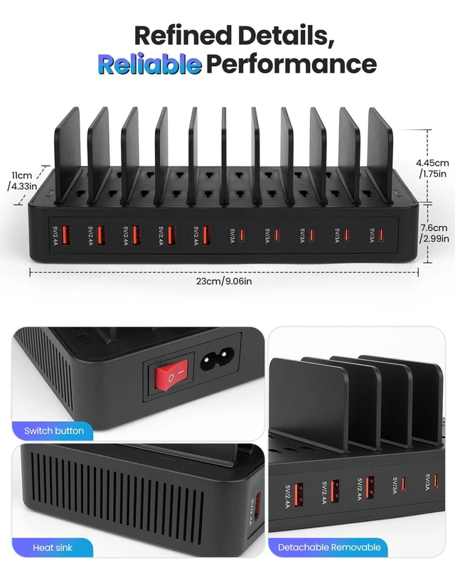 Alt view image 13 of 14 - Charging Station for Multiple Devices, 100W 10 Port USB C Charging Station, Fast USB C Charger with 5 USB-C & 5 USB-A Ports, Detachable Baffles Multi Charger Station for Phone Tablet iPad