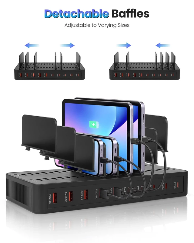 Alt view image 14 of 14 - Charging Station for Multiple Devices, 100W 10 Port USB C Charging Station, Fast USB C Charger with 5 USB-C & 5 USB-A Ports, Detachable Baffles Multi Charger Station for Phone Tablet iPad
