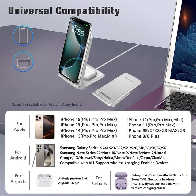 Alt view image 11 of 14 - 2 in 1 Wireless Charger,Foldable 20W Fast Wireless Charging Stand Compatible with iPhone 16/16 Pro/15/14/13/12/X/AirPods,Dual Phone Induction Charge Station for Samsung,Pixel,Xperia,LG(No Plug)