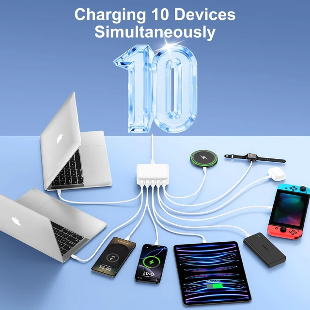 Alt view image 10 of 14 - 70W USB Charging Station for Multiple Devices, 10-Port Desktop Charger Hub | 10 in-1 Power Adapter Type-C & USB-A Charger Block for iPhone 18 Pro Max/18 Pro, 17 Pro Max/17 Pro/17 Air/17e, 16/15, iPad