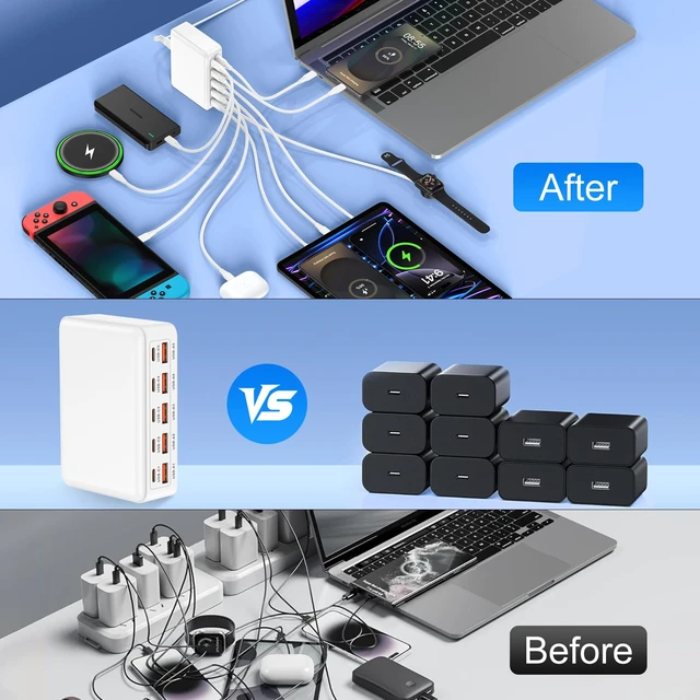 Alt view image 11 of 14 - 70W USB Charging Station for Multiple Devices, 10-Port Desktop Charger Hub | 10 in-1 Power Adapter Type-C & USB-A Charger Block for iPhone 18 Pro Max/18 Pro, 17 Pro Max/17 Pro/17 Air/17e, 16/15, iPad