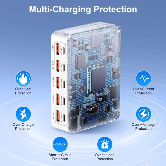 Alt view image 13 of 14 - 70W USB Charging Station for Multiple Devices, 10-Port Desktop Charger Hub | 10 in-1 Power Adapter Type-C & USB-A Charger Block for iPhone 18 Pro Max/18 Pro, 17 Pro Max/17 Pro/17 Air/17e, 16/15, iPad