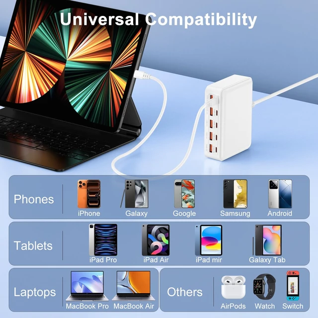 Alt view image 12 of 14 - 70W USB Charging Station for Multiple Devices, 10-Port Desktop Charger Hub | 10 in-1 Power Adapter Type-C & USB-A Charger Block for iPhone 18 Pro Max/18 Pro, 17 Pro Max/17 Pro/17 Air/17e, 16/15, iPad