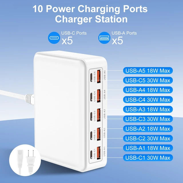 Alt view image 14 of 14 - 70W USB Charging Station for Multiple Devices, 10-Port Desktop Charger Hub | 10 in-1 Power Adapter Type-C & USB-A Charger Block for iPhone 18 Pro Max/18 Pro, 17 Pro Max/17 Pro/17 Air/17e, 16/15, iPad