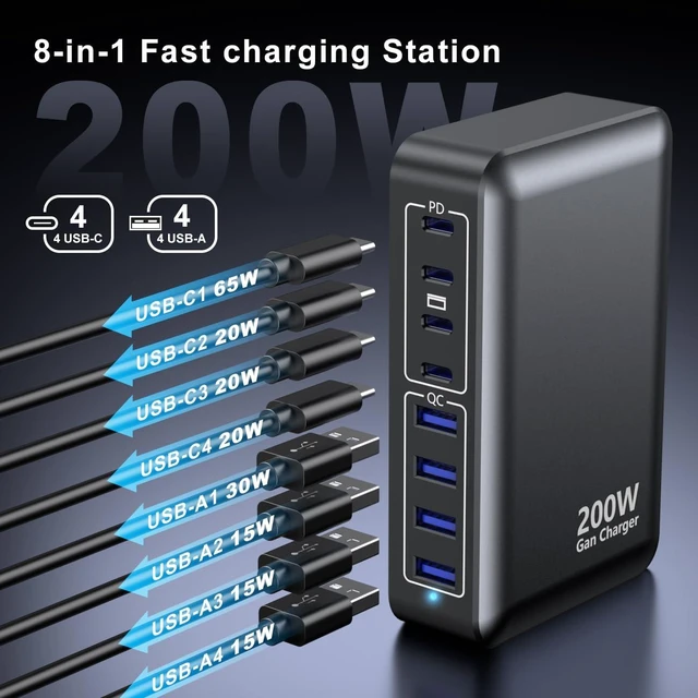 Alt view image 8 of 13 - USB C Charger 200W Charger Block, 8-Ports Gan Fast Charging Station Hub, PD 65W Laptop Charging Adapter Compatible with MacBook Pro/Air, DELL, Steam Deck, iPhone 17/16/15/14, Galaxy