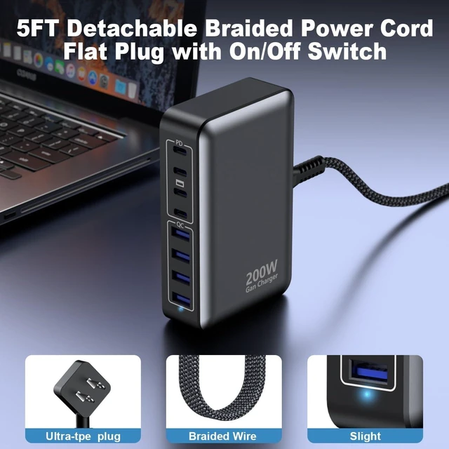 Alt view image 9 of 13 - USB C Charger 200W Charger Block, 8-Ports Gan Fast Charging Station Hub, PD 65W Laptop Charging Adapter Compatible with MacBook Pro/Air, DELL, Steam Deck, iPhone 17/16/15/14, Galaxy