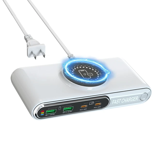 Alt view image 8 of 14 - 6-in-1 USB Charging Station, 72W Desktop Charger with Wireless Charging, 4-Ports Fast Charging Block with LED Color Light for iPhone,iPad, Laptop, Tablets and More